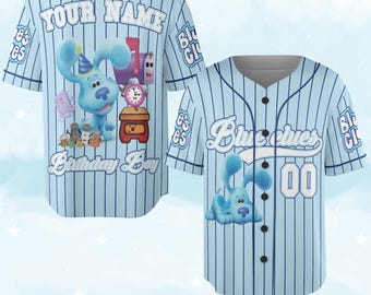 Personalized Blue Clues Baseball Jersey, Blue Dog Striped Birthday Baseball Jersey, Baby Birthday Boy Gift, Blue Clues Family Tee NGPJ06