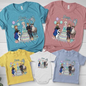 May include: A selection of children's t-shirts and a babygrow in different colours, each displaying a colourful graphic of animated film characters. The shirts have the text "Name 4" above the graphic.