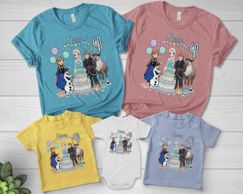May include: A selection of children's t-shirts and a babygrow in different colours, each displaying a colourful graphic of animated film characters. The shirts have the text "Name 4" above the graphic.