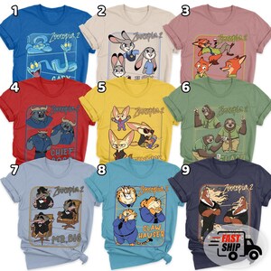 Pode incluir: Nove camisetas coloridas com personagens de "Zootopia 2". Cada camisa tem um design diferente, incluindo personagens como Judy Hopps, Nick Wilde e o Chefe Bogo. As camisas s&atilde;o de manga curta e t&ecirc;m o t&iacute;tulo do filme impresso.