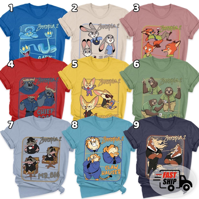 Pode incluir: Nove camisetas coloridas com personagens de "Zootopia 2". Cada camisa tem um design diferente, incluindo personagens como Judy Hopps, Nick Wilde e o Chefe Bogo. As camisas s&atilde;o de manga curta e t&ecirc;m o t&iacute;tulo do filme impresso.