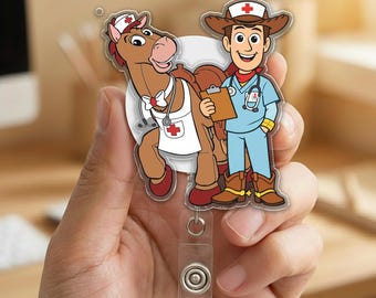 Toy Story Friends Badge Reel, Buzz Woody Jessie Acrylic ID Holder, Retro 90s Disney Badge, Pixar Nurse Gift for Healthcare Worker D3DZ18