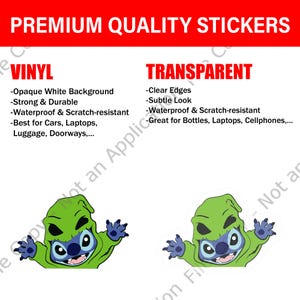 May include: Two stickers featuring a cartoon character with a green hooded costume and blue skin. The stickers are available in vinyl with an opaque white background or transparent with clear edges. The text at the top says "PREMIUM QUALITY STICKERS".