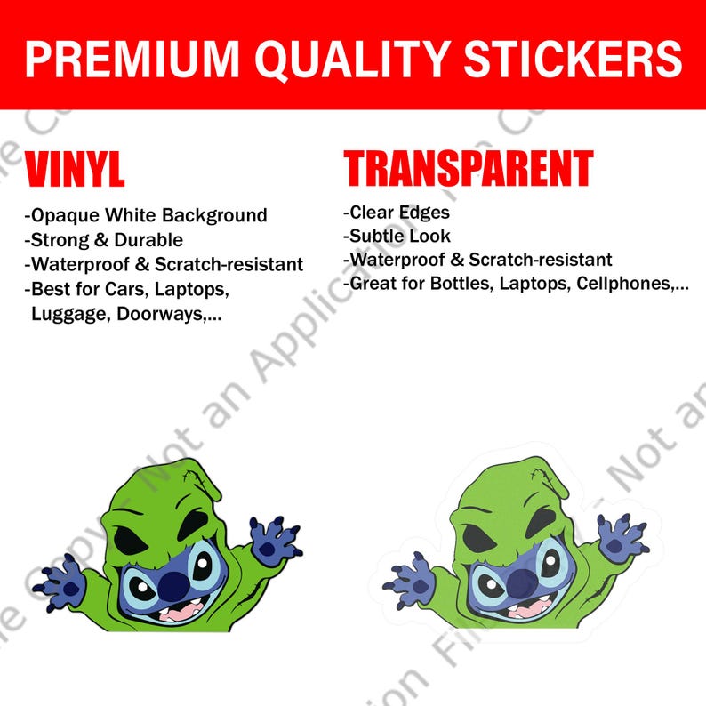 May include: Two stickers featuring a cartoon character with a green hooded costume and blue skin. The stickers are available in vinyl with an opaque white background or transparent with clear edges. The text at the top says "PREMIUM QUALITY STICKERS".