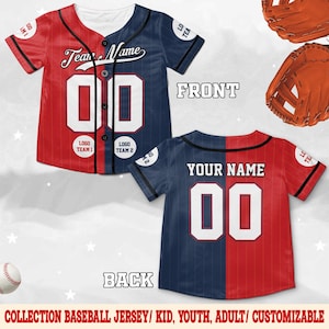 May include: A baseball jersey with a red and navy blue color block design. The front features the text "Team Name" and the number "00" in white. The back displays "Your Name" and the number "00". The jersey is part of a collection.
