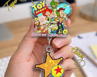 Toy Story Friends Badge Reel, Buzz Woody Jessie Acrylic ID Holder, Retro 90s Disney Badge, Pixar Nurse Gift for Healthcare Worker C2C418