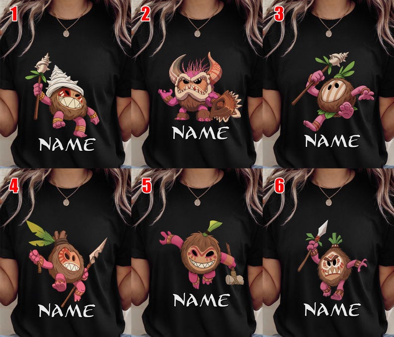 Puede incluir: Camisetas negras con personajes de dibujos animados de coco con varias expresiones y accesorios. Cada dise&ntilde;o incluye la palabra "NAME" en letras blancas debajo del personaje. Los personajes son en tonos de marr&oacute;n, rosa y blanco.