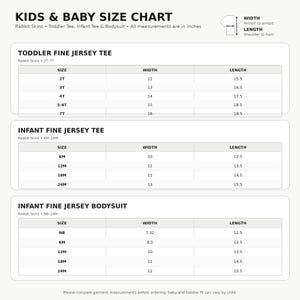 May include: A black and white kids and baby size chart for Rabbit Skins apparel. It displays width and length measurements in inches for toddler fine jersey tees, infant fine jersey tees, and infant fine jersey bodysuits, ranging from NB to 7T.