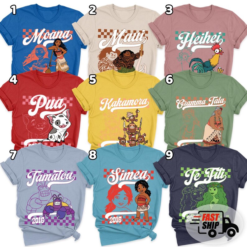 May include: A collection of nine colorful t-shirts featuring characters and text from a popular animated movie. Each shirt has a different design, including characters like Moana, Maui, Heihei, Pua, and Tamatoa. The shirts are available in various colors.