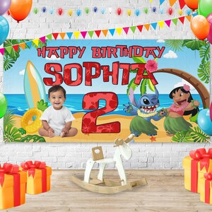 Custom Baby Photo With Lilo &amp; Stitch Birthday Backdrop,Personalized Stitch Party Banner,Ohana Theme Birthday Decor Celebration JCLJ17