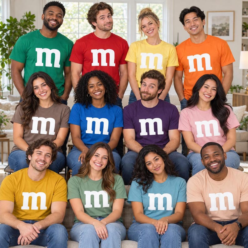May include: A group of twelve people wearing various colored t-shirts, each featuring a large white lowercase letter m printed on the chest. The shirts are in shades of green, red, yellow, orange, brown, blue, purple, pink, gold, sage, teal, and peach.