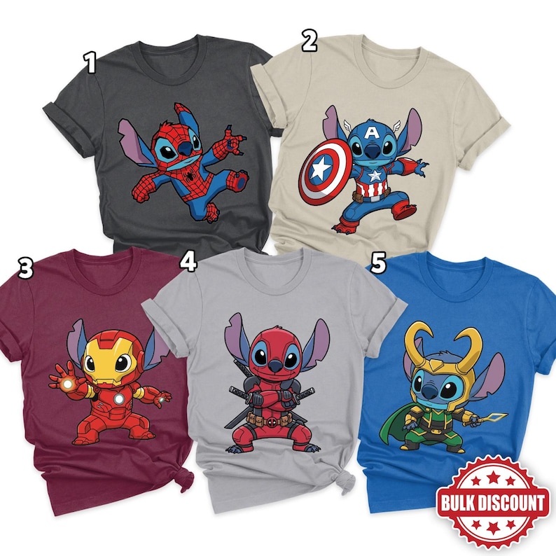 May include: Five short-sleeved t-shirts featuring cartoon character Stitch dressed as various Marvel superheroes. The shirts are in different colors: dark gray, tan, burgundy, light gray, and blue. Each shirt has a unique superhero design, including Spider-Man, Captain America, Iron Man, Deadpool, and Loki.