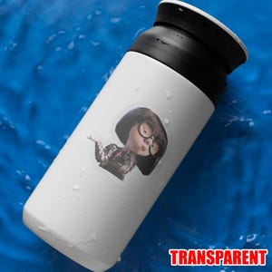 May include: White insulated travel mug with a black lid. The mug has a sticker of a cartoon character with black hair, glasses, and a black and silver outfit. The word "TRANSPARENT" is printed in red.