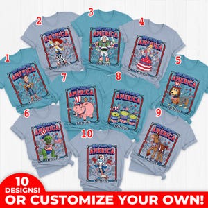 May include: A collection of ten t-shirts with various designs celebrating America's 250th anniversary. Each shirt features a different cartoon character in patriotic attire, with the text "250 Years of America 1776-2026". The shirts are available in multiple colors.