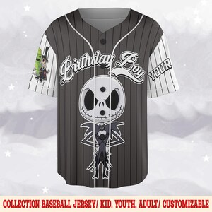 May include: Gray baseball jersey with black pinstripes, featuring a cartoon Jack Skellington design. The jersey has white sleeves with black stripes and the words "Birthday Boy" and "YOUR" in white script. The bottom of the jersey reads "COLLECTION BASEBALL JERSEY/ KID, YOUTH, ADULT/ CUSTOMIZABLE".