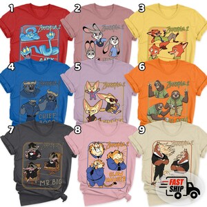 Pode incluir: Uma cole&ccedil;&atilde;o de nove camisetas coloridas com personagens do filme de anima&ccedil;&atilde;o "Zootopia 2". Cada camisa exibe um design diferente com v&aacute;rios personagens e o t&iacute;tulo do filme. As camisetas est&atilde;o dispon&iacute;veis em v&aacute;rias cores.