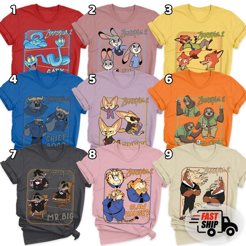 Pode incluir: Uma cole&ccedil;&atilde;o de nove camisetas coloridas com personagens do filme de anima&ccedil;&atilde;o "Zootopia 2". Cada camisa exibe um design diferente com v&aacute;rios personagens e o t&iacute;tulo do filme. As camisetas est&atilde;o dispon&iacute;veis em v&aacute;rias cores.