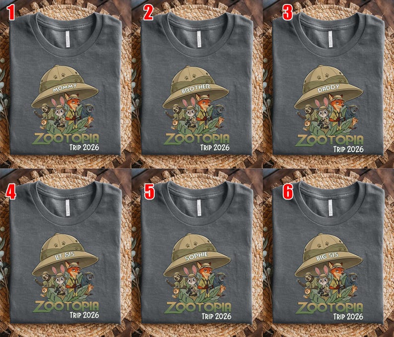 May include: Six grey t-shirts with a Zootopia theme. Each shirt features a safari hat with a family member's name and a graphic of Zootopia characters. The text "ZOOTOPIA TRIP 2026" is printed below the graphic.
