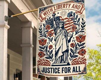 With Liberty And Justice For All Garden Flag, Patriotic Outdoor Yard Decor, Welcome House Banner, Liberty Flag C2GT17