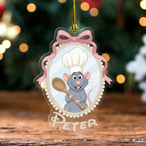 Retro 90s Coquette Bow Disney Ratatouille Remy Ornament, Anyone Can Cook Quote, Girly Disney Fan Ornament JCQF40