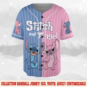 May include: A baseball jersey featuring a split design with blue and pink vertical stripes. The jersey has the words "Stitch and Angel" and cartoon characters. The bottom of the jersey has the text "COLLECTION BASEBALL JERSEY/ KID, YOUTH, ADULT/ CUSTOMIZABLE".