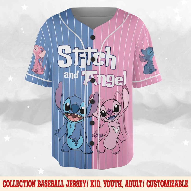 May include: A baseball jersey featuring a split design with blue and pink vertical stripes. The jersey has the words "Stitch and Angel" and cartoon characters. The bottom of the jersey has the text "COLLECTION BASEBALL JERSEY/ KID, YOUTH, ADULT/ CUSTOMIZABLE".