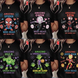 May include: Black t-shirts with Marvel characters: Spider-Man, Gwen, Spin, Hulk, Green Goblin, and Iron Man. Each shirt displays a character graphic with phrases such as "Web-Head" and "Smash-Head".