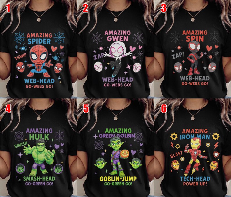 May include: Black t-shirts with Marvel characters: Spider-Man, Gwen, Spin, Hulk, Green Goblin, and Iron Man. Each shirt displays a character graphic with phrases such as "Web-Head" and "Smash-Head".