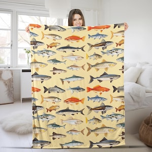 Fish Blanket, Fisherman Gift Cabin Decor Fleece Throw Blanket JCLM16