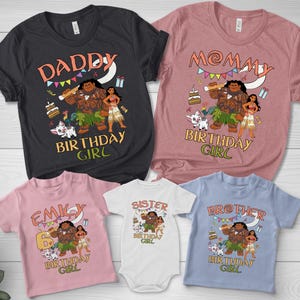 May include: A collection of five shirts and a bodysuit in black, mauve, light pink, white, and light blue. Each garment features a graphic print of Maui, Moana, and Pua with birthday elements and text including DADDY, MOMMY, EMILY, SISTER, and BROTHER.