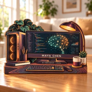 May include: A wooden desk organizer shaped like a computer setup featuring a monitor displaying a brain graphic, code, and charts. The base includes a keyboard, mouse, mug, books, and a lamp. Text reads MAYA CHEN and AI ENGINEER 2026.