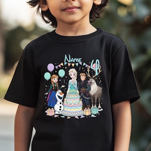 May include: Black t-shirt featuring a colorful graphic of characters from the movie Frozen, including Elsa, Anna, Olaf, and Sven. The design includes a birthday cake, balloons, and the number 4. The word "Name" is also displayed.
