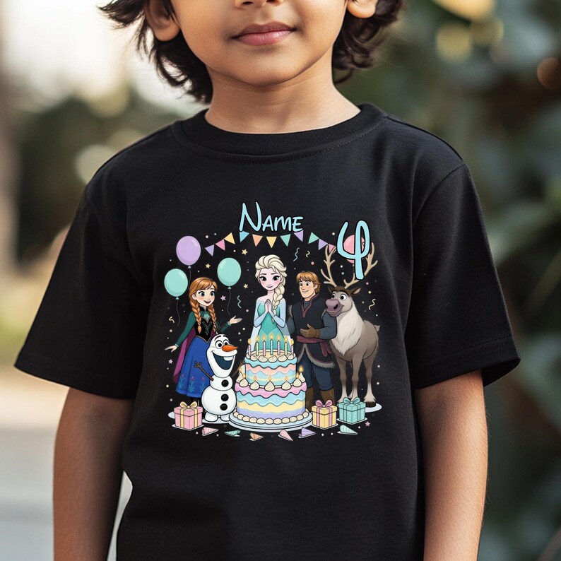 May include: Black t-shirt featuring a colorful graphic of characters from the movie Frozen, including Elsa, Anna, Olaf, and Sven. The design includes a birthday cake, balloons, and the number 4. The word "Name" is also displayed.