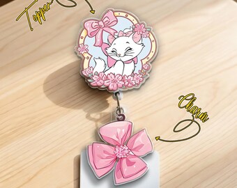 Marie Cat Badge Reel,The Aristocats ID Holder,Pink Bow Marie Badge Clip,Disney Cat Badge,Coquette Nurse Gift, Retractable ID Badge G6IQ07-1