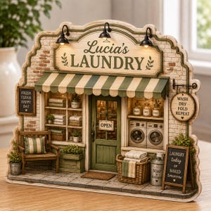 May include: A decorative wooden laundry shop sign featuring a brick facade, a green striped awning, and three black lamps. The sign reads Lucia's LAUNDRY, with additional text including WASH DRY FOLD REPEAT, FRESH CLEAN HAPPY DAY, and LAUNDRY today or NAKED tomorrow.