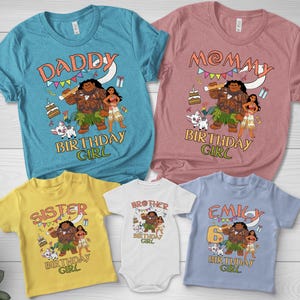 May include: A collection of five t-shirts and one bodysuit in teal, mauve, yellow, white, and light blue. Each garment features a graphic print of Moana characters, a birthday cake, and text including DADDY, MOMMY, SISTER, BROTHER, EMILY, and BIRTHDAY GIRL.
