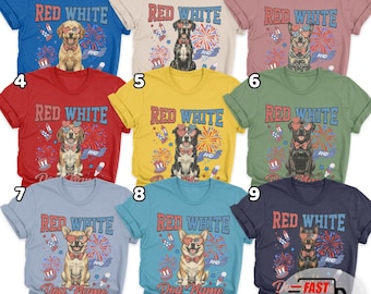 Patriotic Dogs Shirt, 4th of July Dog T-Shirts,50+ Dog Breeds, Custom Available, USA Flag, Fireworks,Pet Lover, 4th of July T-Shirt GAJM01