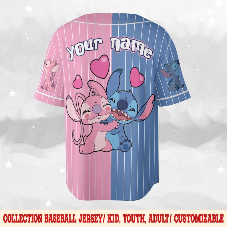 May include: A baseball jersey with a pink and blue color block design. The jersey features a cartoon image of two characters hugging, with hearts above them. The text "your name" is at the top. The jersey has vertical stripes.
