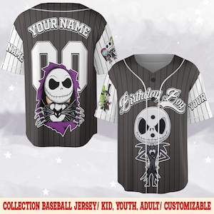 May include: A gray baseball jersey with white pinstripes and white sleeves. The front features a Jack Skellington graphic and the text "Birthday Boy". The back has the text "Your Name" and the number "00".