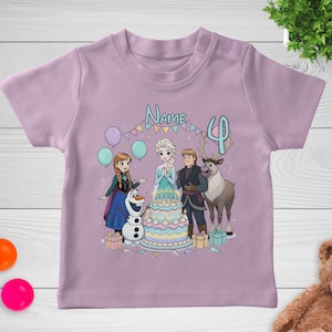 May include: A light purple t-shirt featuring a colorful graphic of characters from the movie Frozen. The design includes a birthday cake, balloons, and the number 4. The word "Name" is also visible.