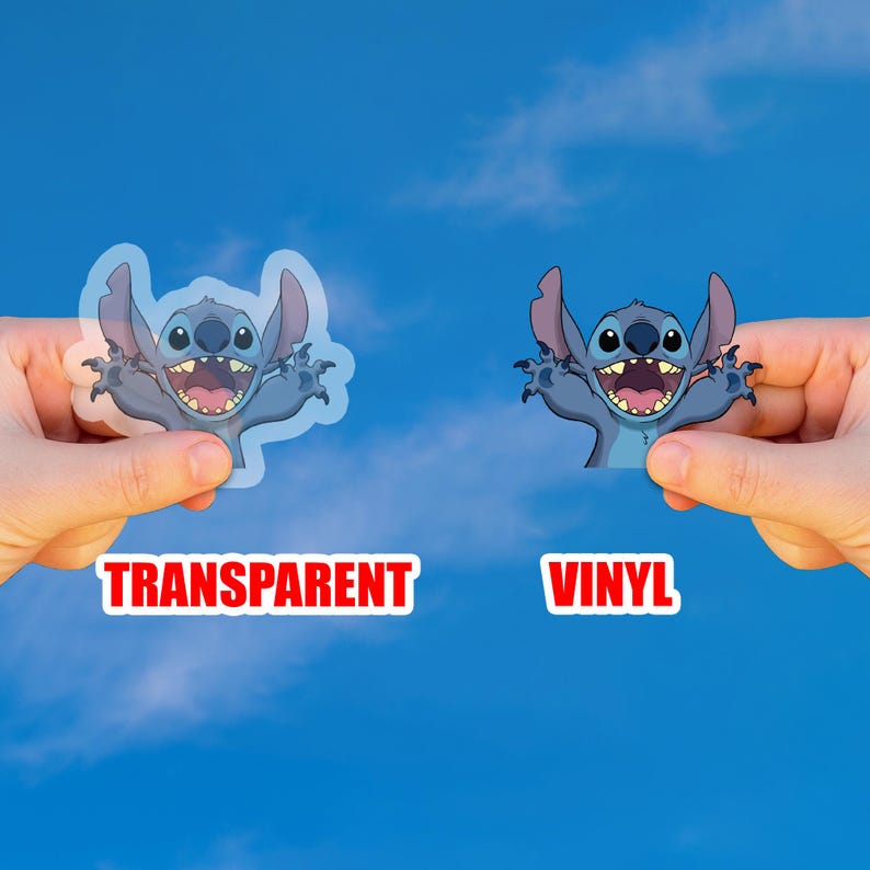 May include: Two stickers featuring the character Stitch from the animated film Lilo & Stitch. One is transparent, the other is vinyl. The stickers are held up against a blue sky background. The word "TRANSPARENT" is written in red on the left, and "VINYL" on the right.