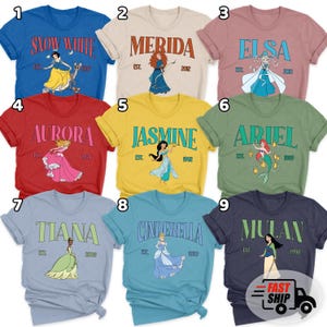May include: Nine colorful t-shirts featuring Disney princesses. Each shirt displays a princess's name, a graphic of the princess, and the year of the film's release. The shirts are in various colors, including blue, red, yellow, and green.