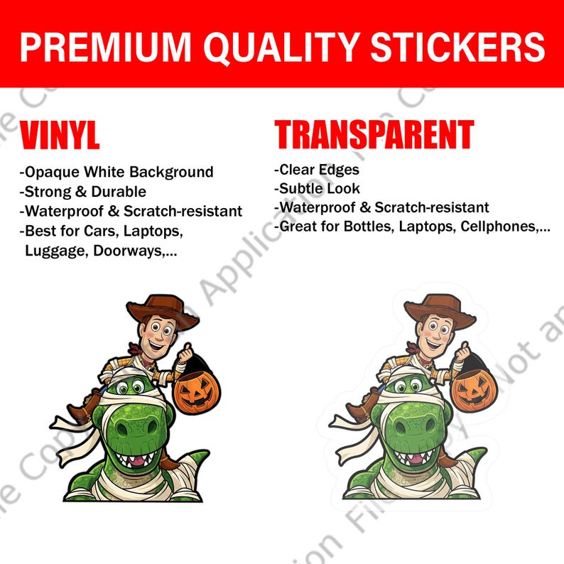 Puede incluir: Pegatinas de vinilo y transparentes de alta calidad con un personaje de dibujos animados montado en un dinosaurio verde y sosteniendo una linterna de calabaza. Resistentes al agua y a los ara&ntilde;azos.