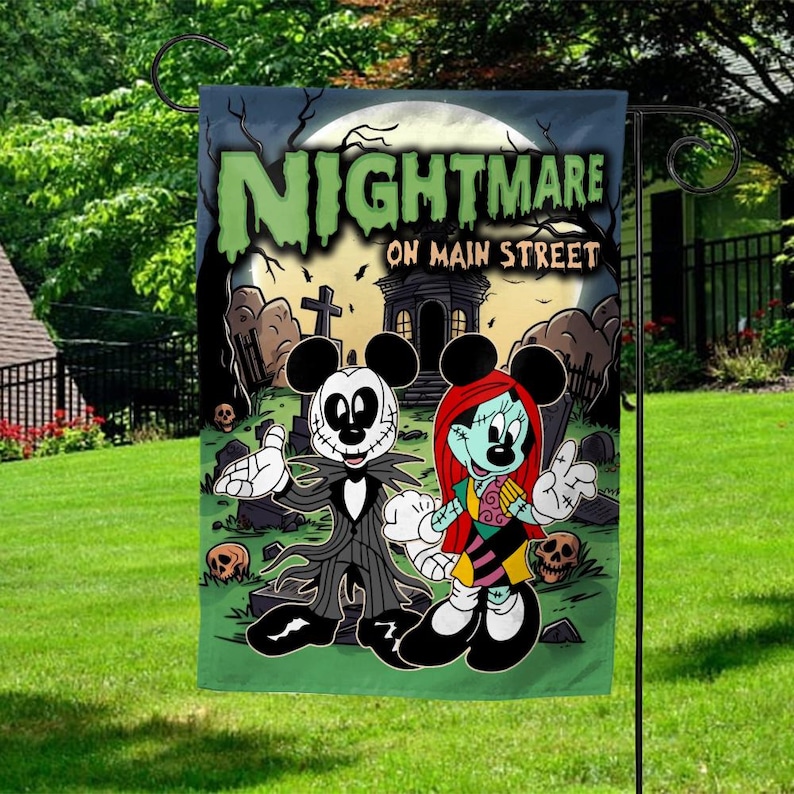 May include: A garden flag featuring a spooky design with the text "NIGHTMARE ON MAIN STREET." The flag depicts cartoon characters in a graveyard scene with a full moon. The characters are in black, white, and teal colors.