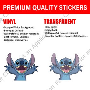 May include: Two stickers featuring a blue cartoon character with large ears and an open mouth. The stickers are labeled "Vinyl" and "Transparent" with descriptions of their features, including being waterproof and scratch-resistant. The text "Premium Quality Stickers" is at the top.