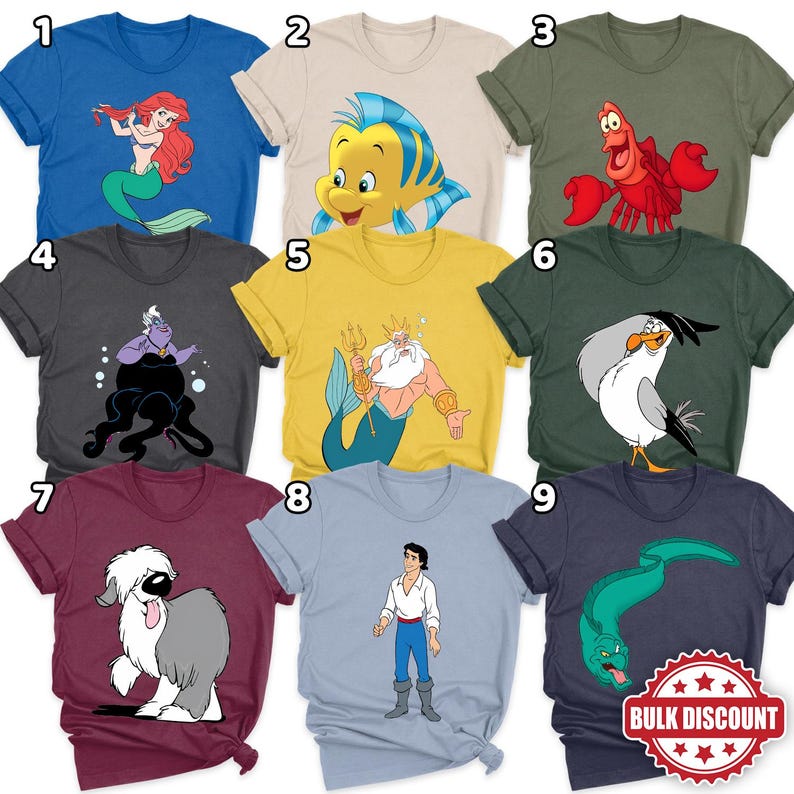 May include: A collection of nine short-sleeved t-shirts in various colours, each featuring a different character from The Little Mermaid. Characters include Ariel, Flounder, Sebastian, Ursula, King Triton, Scuttle, Max the dog, Prince Eric, and Flotsam.