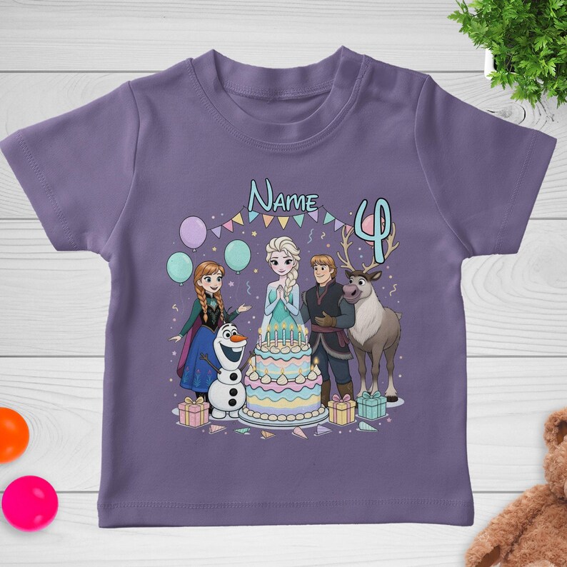 May include: A purple t-shirt featuring characters from the movie Frozen, including Elsa, Anna, Olaf, Kristoff, and Sven. The design includes a birthday cake, balloons, and the number 4, with the word "Name" above the characters.