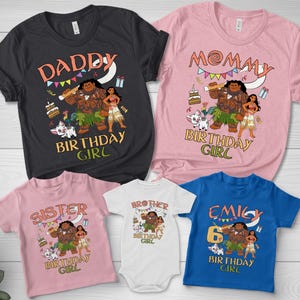 May include: A collection of five shirts and a bodysuit featuring Moana-themed birthday graphics. The garments include a black shirt, a pink shirt, a light pink shirt, a white bodysuit, and a blue shirt, all displaying characters and birthday text.