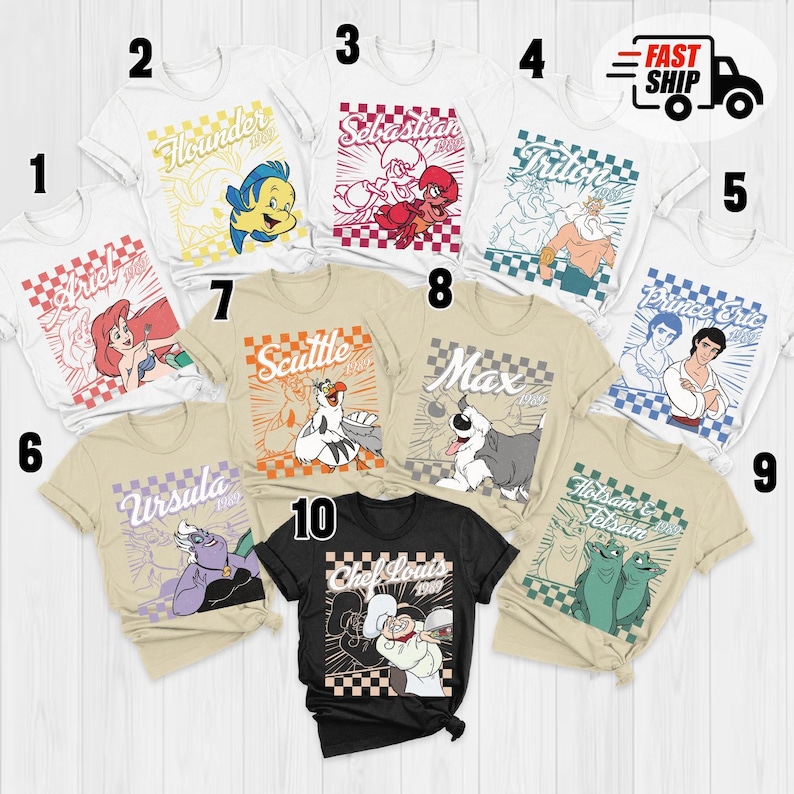 May include: Collection of graphic t-shirts featuring characters from a popular animated film. Designs include Ariel, Flounder, Sebastian, Triton, Prince Eric, Ursula, Scuttle, Max, Flotsam & Jetsam, and Chef Louis. Each shirt has a character image and text.