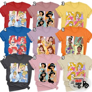 Op de afbeelding: Negen T-shirts met korte mouwen in verschillende kleuren, elk met een andere prinsessengrafiek. De shirts zijn rood, mauve, geel, blauw, lavendel, oranje, houtskool, roze en beige. De afbeeldingen zijn vierkant.